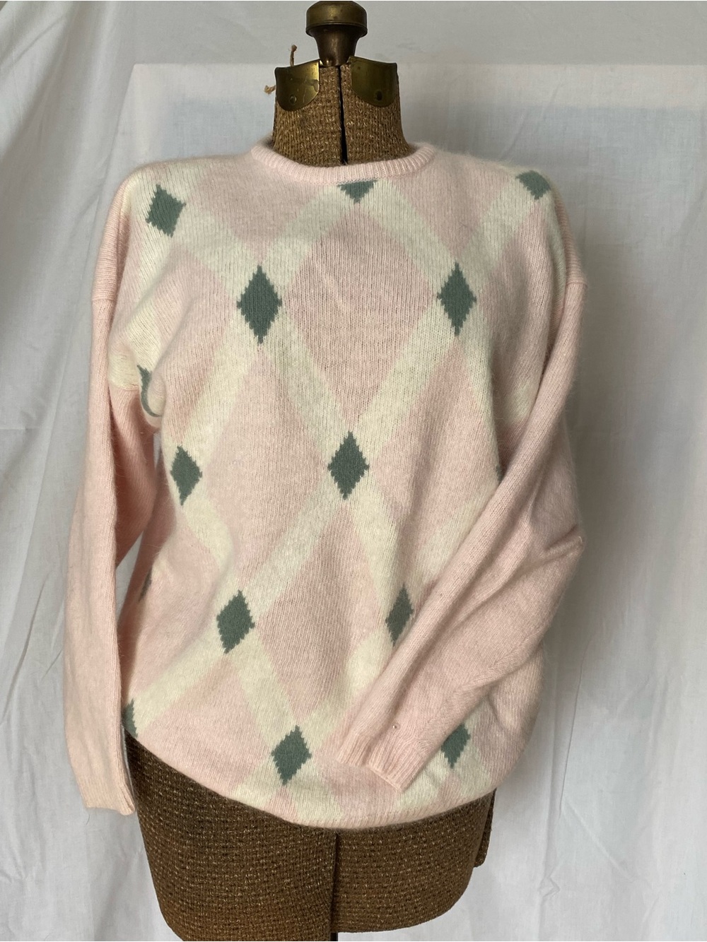Vintage Classic Wool and Angora Pink Argyle Crewneck Sweater